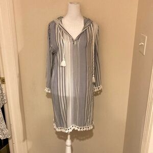 🍋Blue Islands Striped with PomPom detail Swim Suit Coverup with Hood M